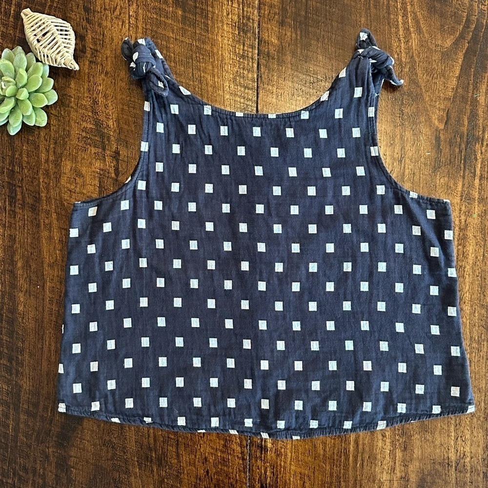 Harlyn | 100% Cotton Blue & White Tank, Tie Shoulder Straps & Back Button Detail